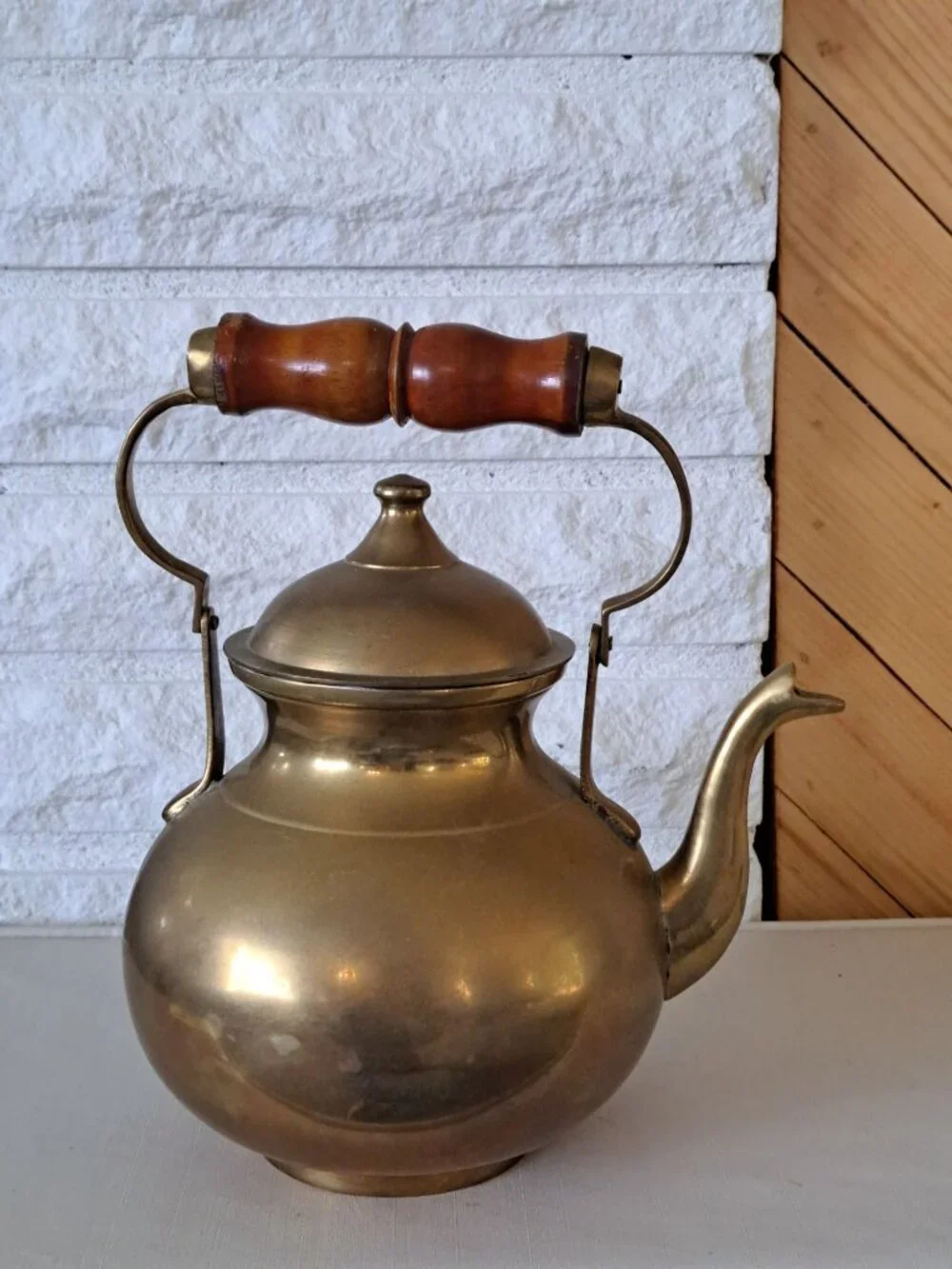 Vintage Brass Teapot With Wooden Handle And Hinged Lid  Collectible Home Decor
